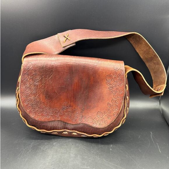 Unbranded Handbags - Vintage Tooled Leather Purse Floral Shoulder Hippie Chic Boho Bag Wide Strap